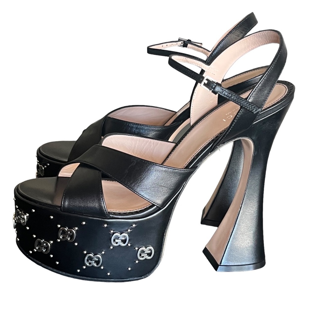 Gucci Interlocking Gs Studs Leather Platform Sandals Malaga Kid Black Siz…